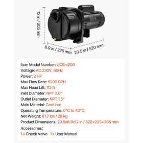 2 HP Shallow Well Jet Pump, 230 Volt, 5200 GPH Cast Iron Well Jet Pump, With 112 Ft Max Head Lift, Check Valve, Thermal Protection, Automatic On/ (Option: Black)